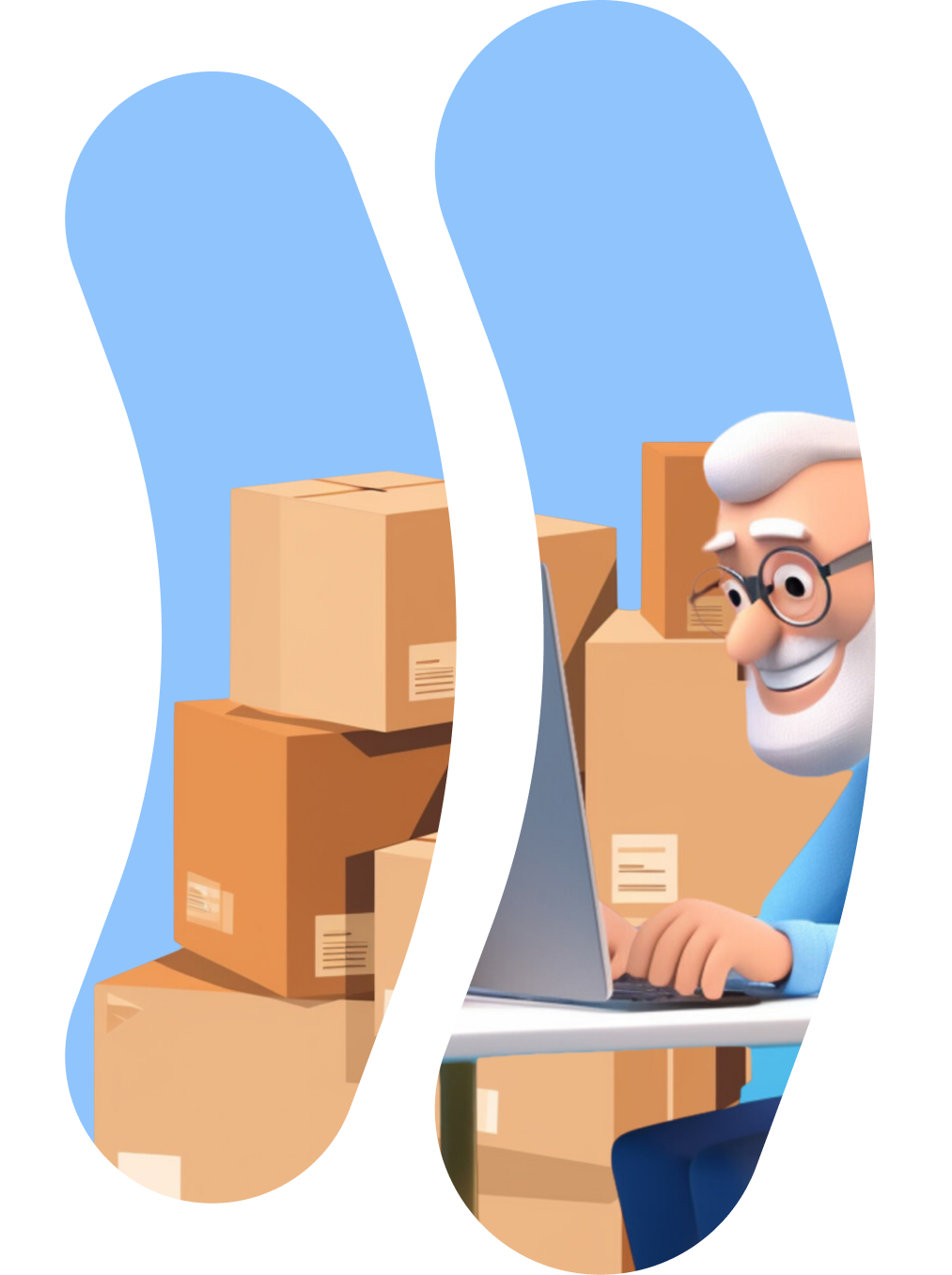 Изображение мультяшного пожилого мужчины в очках, работающего за ноутбуком в окружении коробок с товарами на заднем плане.